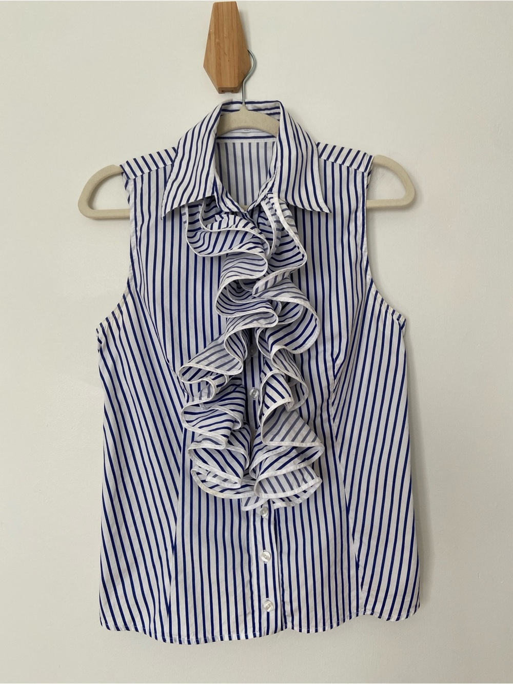 Anne Fontaine Blue and White Striped Poplin Ruffle Blouse size 44 US Large